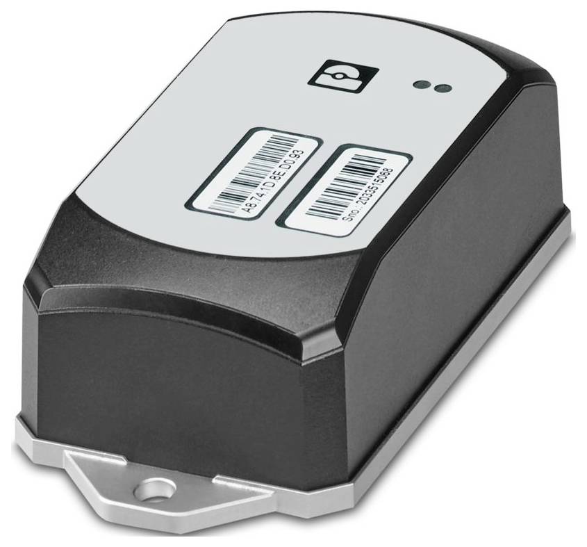 A small, rectangular electronic device with two barcode labels and a small logo, possibly used for identification or tracking purposes.