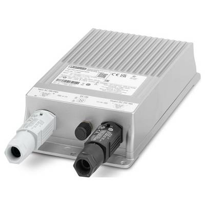A rectangular industrial power supply unit with connectors, labeled with certifications and specifications on the top surface.