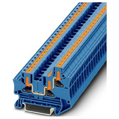 An electrical terminal block featuring a blue and orange modular design used for securely connecting multiple circuits in control panels.