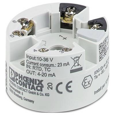 Temperature transmitter with specifications: Input 10-36V, Consumption 23mA, Types RTD, TC, Output 4-20mA. Marked for hazardous locations.