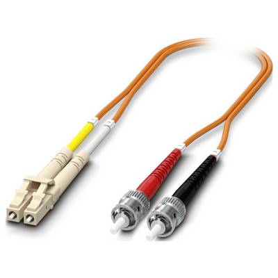 'Fiber optic cable with two connectors, one end with a duplex LC connector and the other with two ST connectors, used for network connections.'