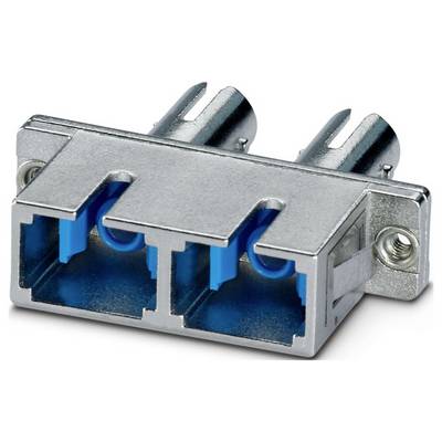 A dual optical fiber coupler with a metallic casing and two blue ports, allowing connection of fiber optic cables for data transmission.
