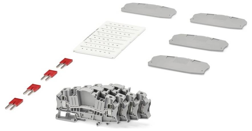 'Modular terminal block system components including gray terminal blocks, red connectors, gray covers, and a white mounting plate.'