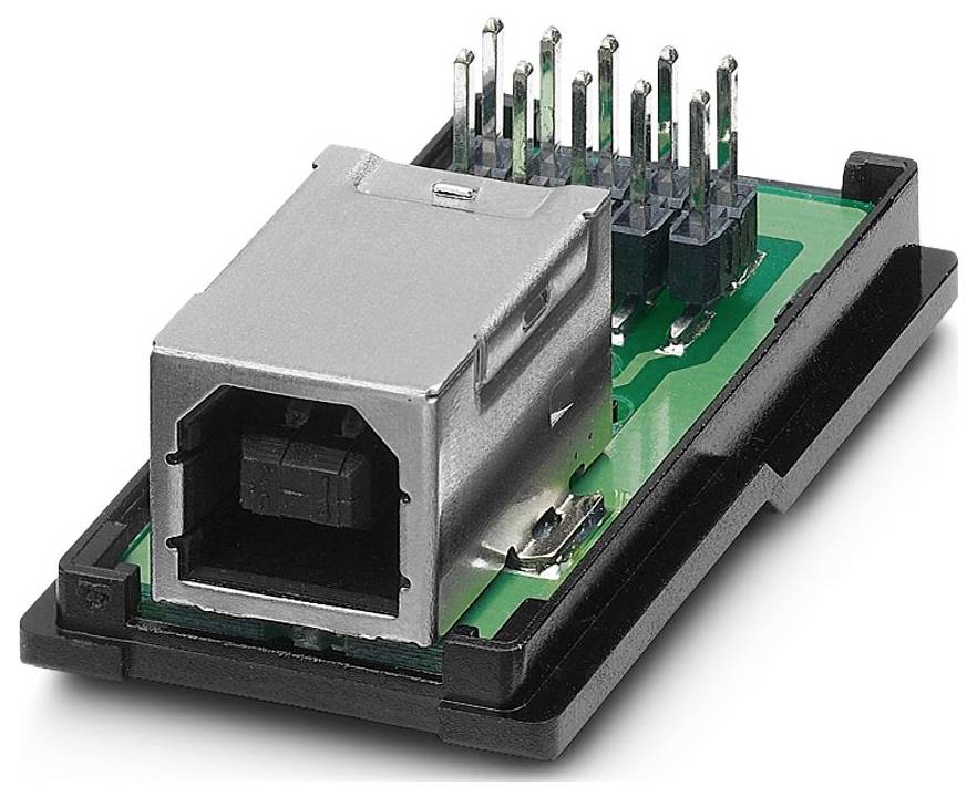 A metal network port on a small green circuit board with multiple pin connectors, used for electronic device connectivity.