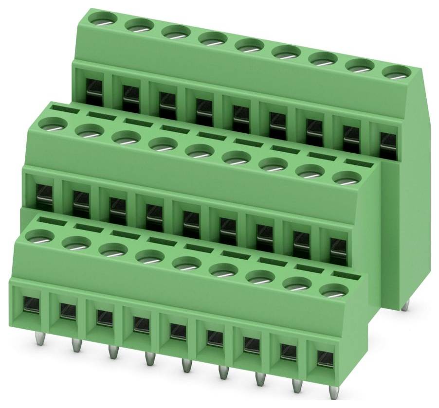 A green, three-tiered terminal block with multiple connection points and metal pins, used for electrical wiring in industrial settings.