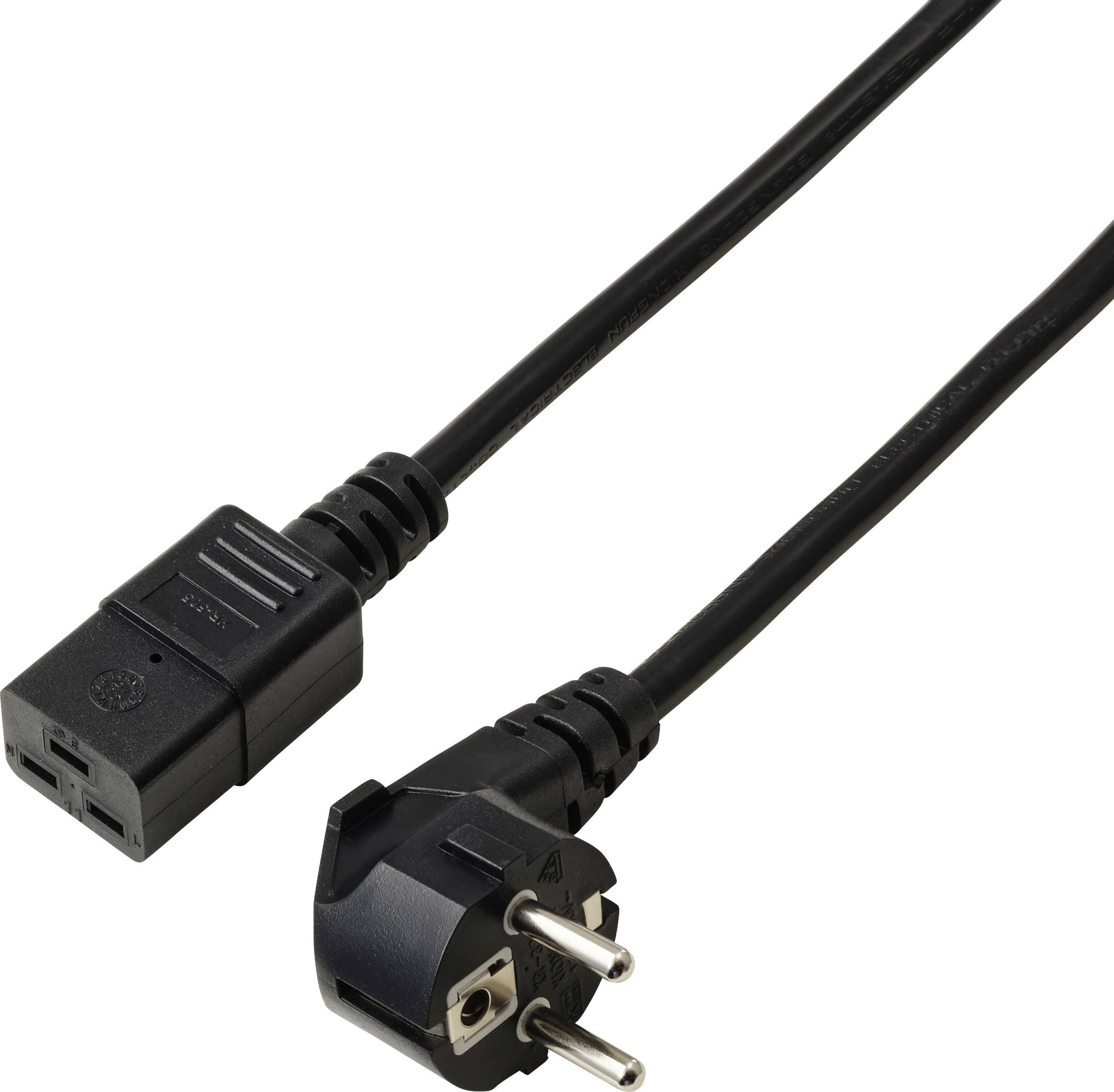 A black power cable with a European plug on one end and a connector for a specific device on the other end, suitable for electronics.