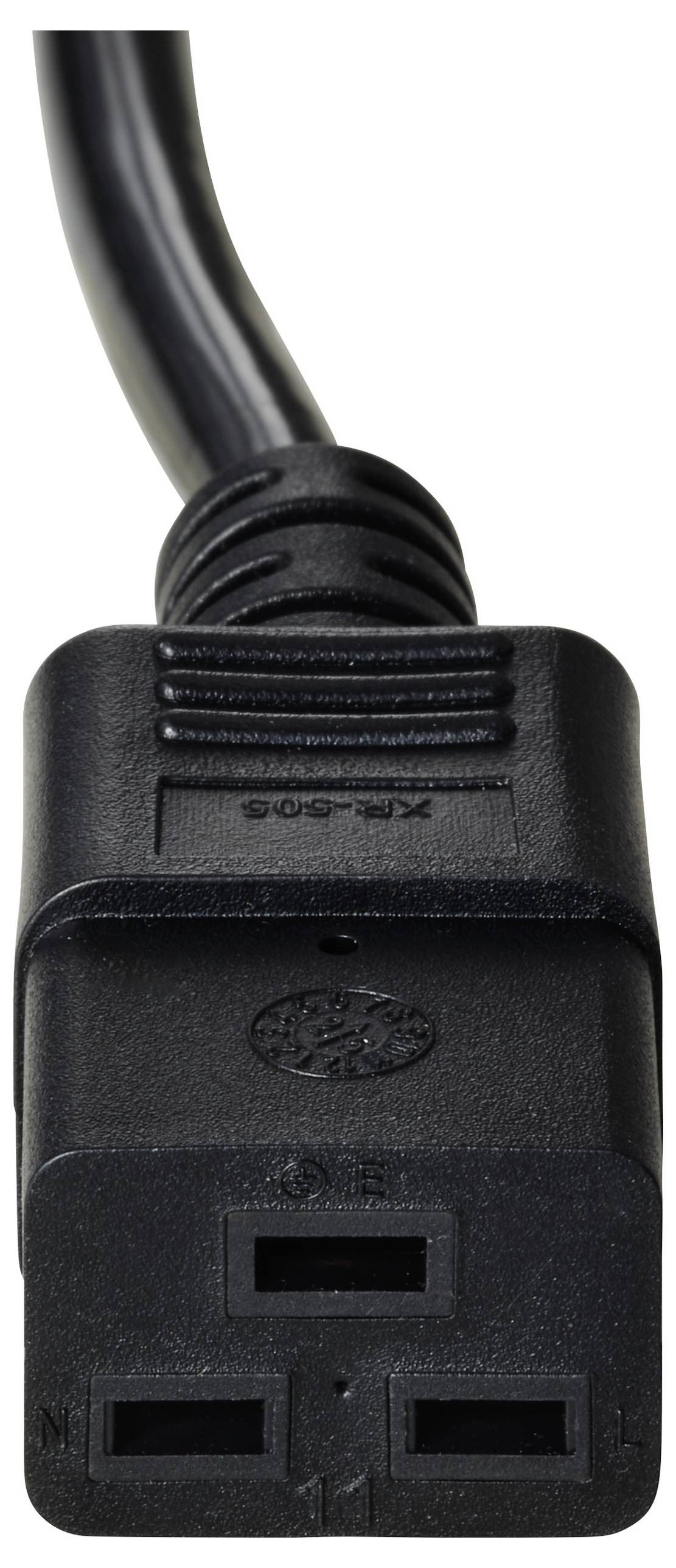 'A close-up of a black power cord plug showing three rectangular prongs, designed to connect to a power outlet.'