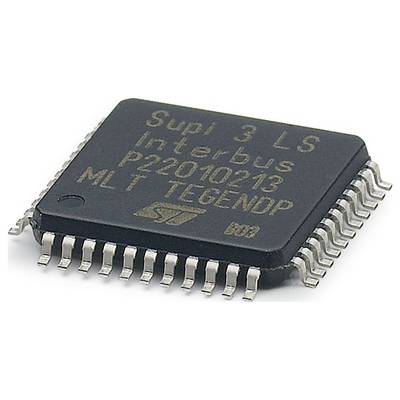 A close-up of a microchip with text 'Supi 3 LS Interbus P22010213 MLT TEGENDP'. The chip has metallic pins and a black surface.