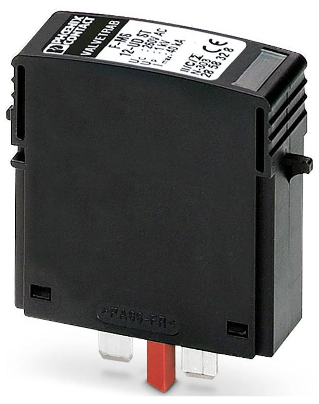 'A black Phoenix Contact VALVETRAB power protection device with three plug-in terminals, designed for electrical safety applications.'