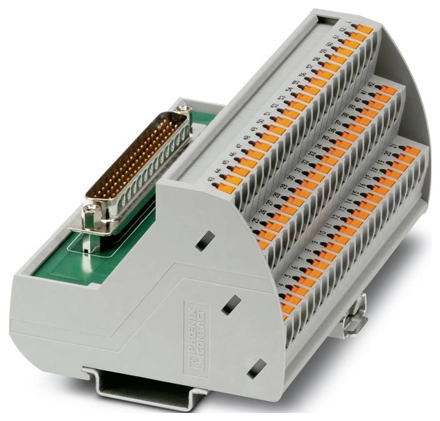 'Phoenix Contact modular terminal block with multiple connection points and orange levers, designed for electrical wiring and circuit setup.'