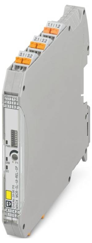 A slim, grey electronic module with orange connectors and labeled pins, used for industrial signal transmission.