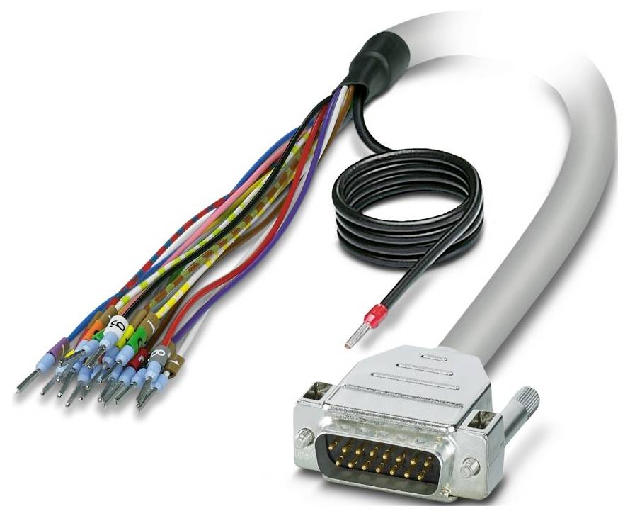 A gray multi-conductor cable with a D-sub 25-pin male connector on one end and multiple colored wires with metal pins on the other end.