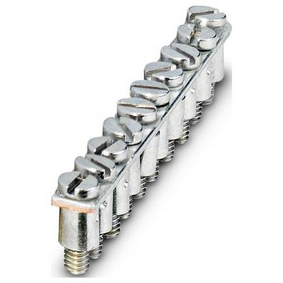 A metal grounding bar with multiple screws, angled view, typically used for electrical connections.