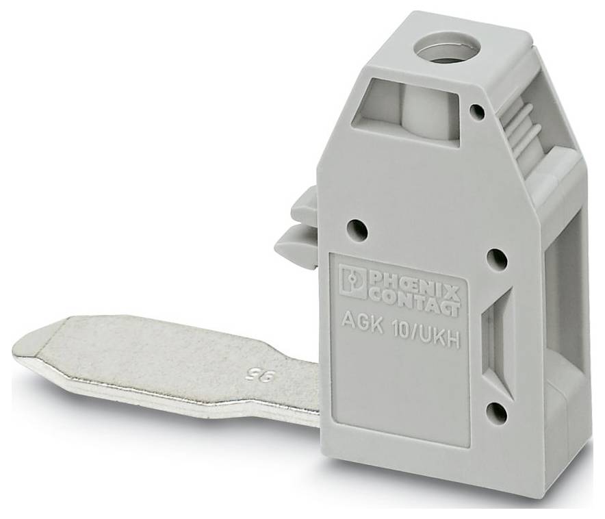 A gray plastic terminal block from Phoenix Contact, model AGK 10/UKH, featuring multiple slots and a metal mounting clip.