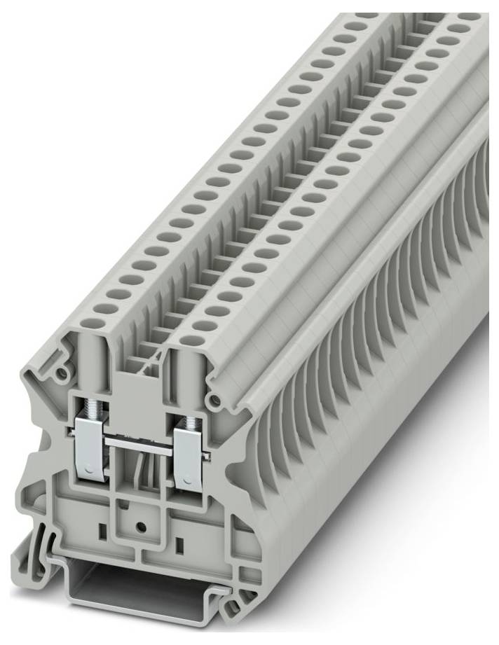 'Gray terminal block, rectangular, with multiple connection points, used for connecting electrical circuits in a panel or enclosure.'