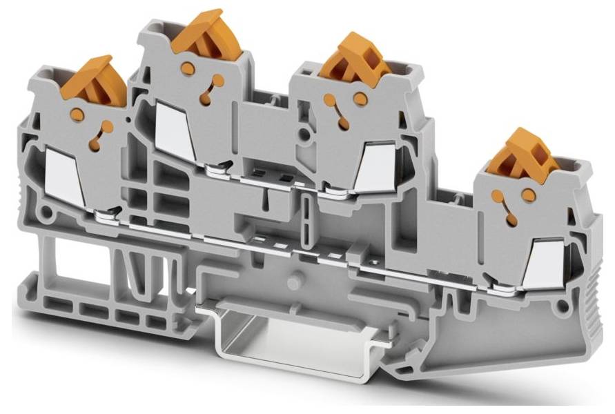 A gray and orange electrical terminal block with four connection points, designed for secure wire connections in electrical systems.