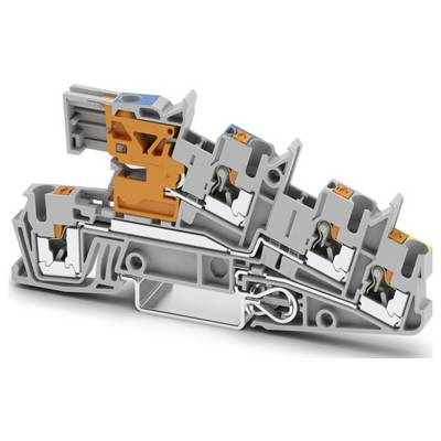 A gray-orange terminal block with adjustable levels for electrical connections, featuring metal clamps for wire fastening.