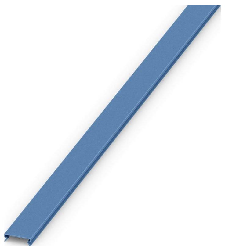 A blue, elongated metal strip with a groove running along its length, positioned diagonally across a white background.