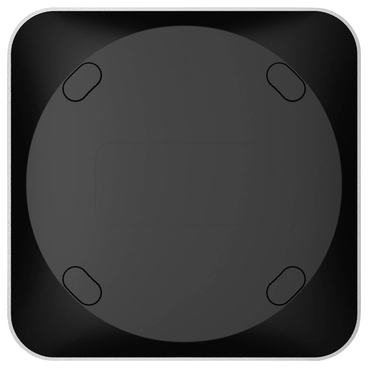 A round, black object with four small circular pads, set against a square frame. It may be a device cover or base with a simple design.