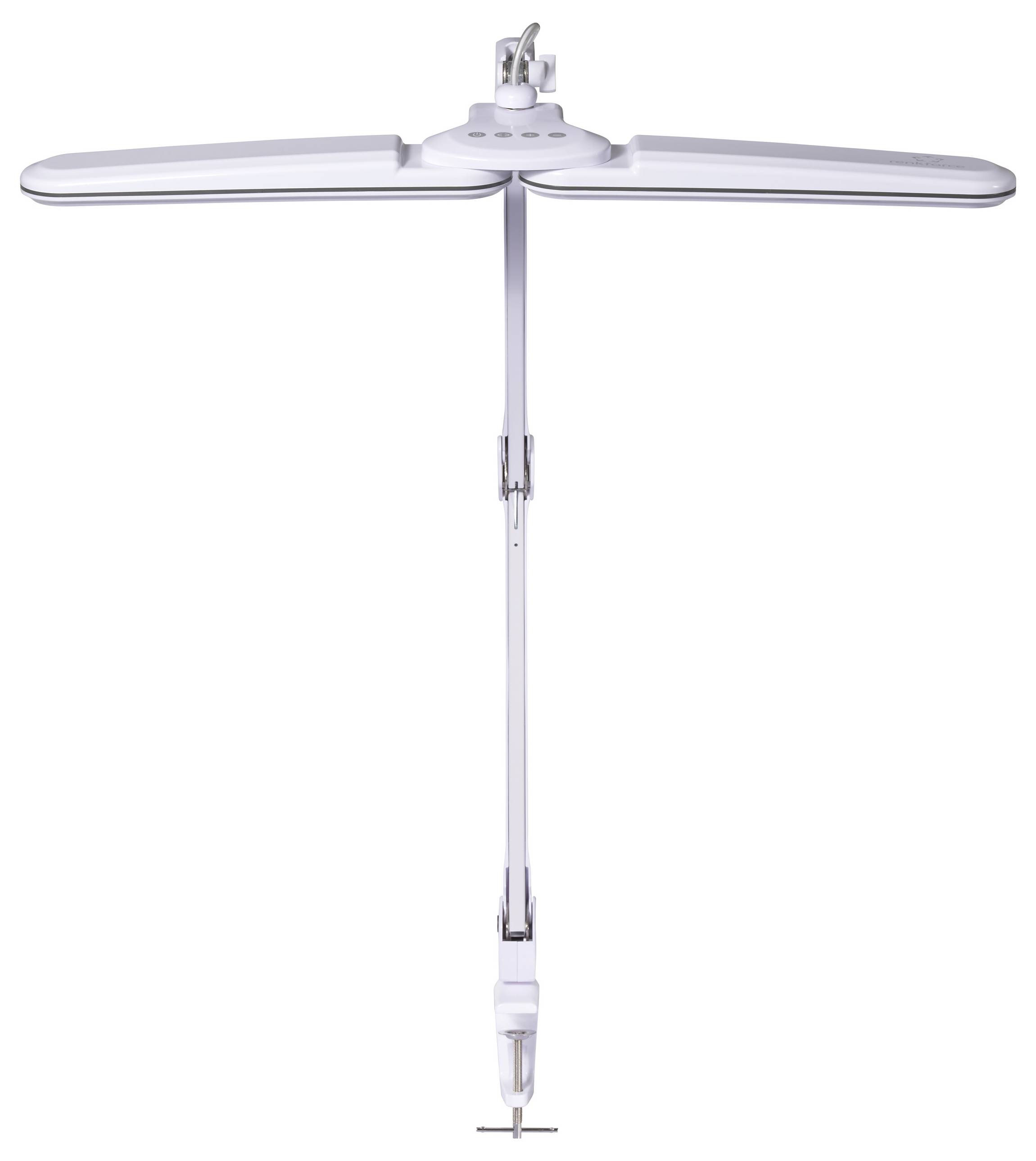 A white LED desk lamp with adjustable double arms and a clamp base, designed for flexible positioning and efficient lighting.