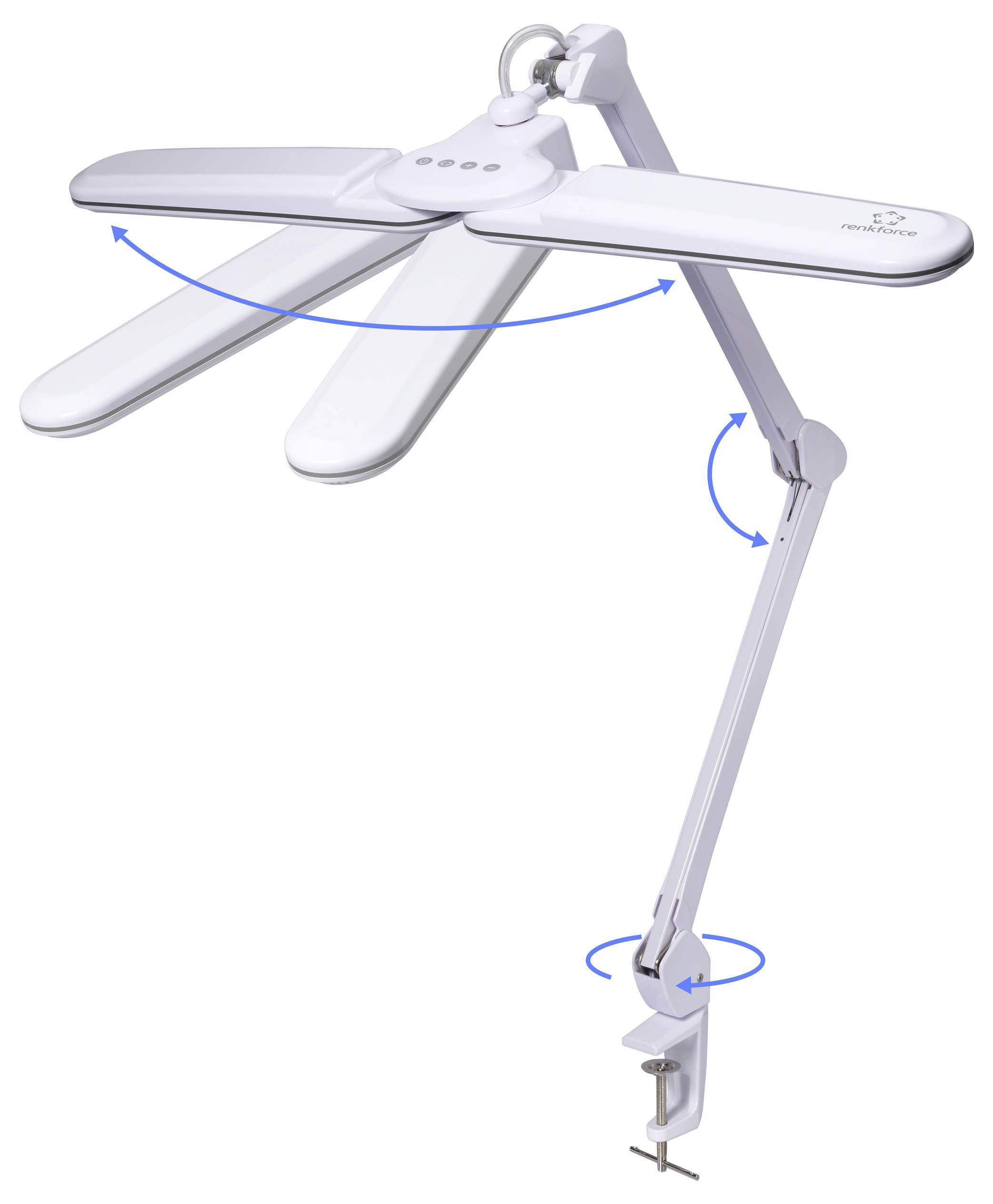 'White foldable desk lamp with articulated arm showing various points of rotation, highlighting its adjustable and versatile design.'