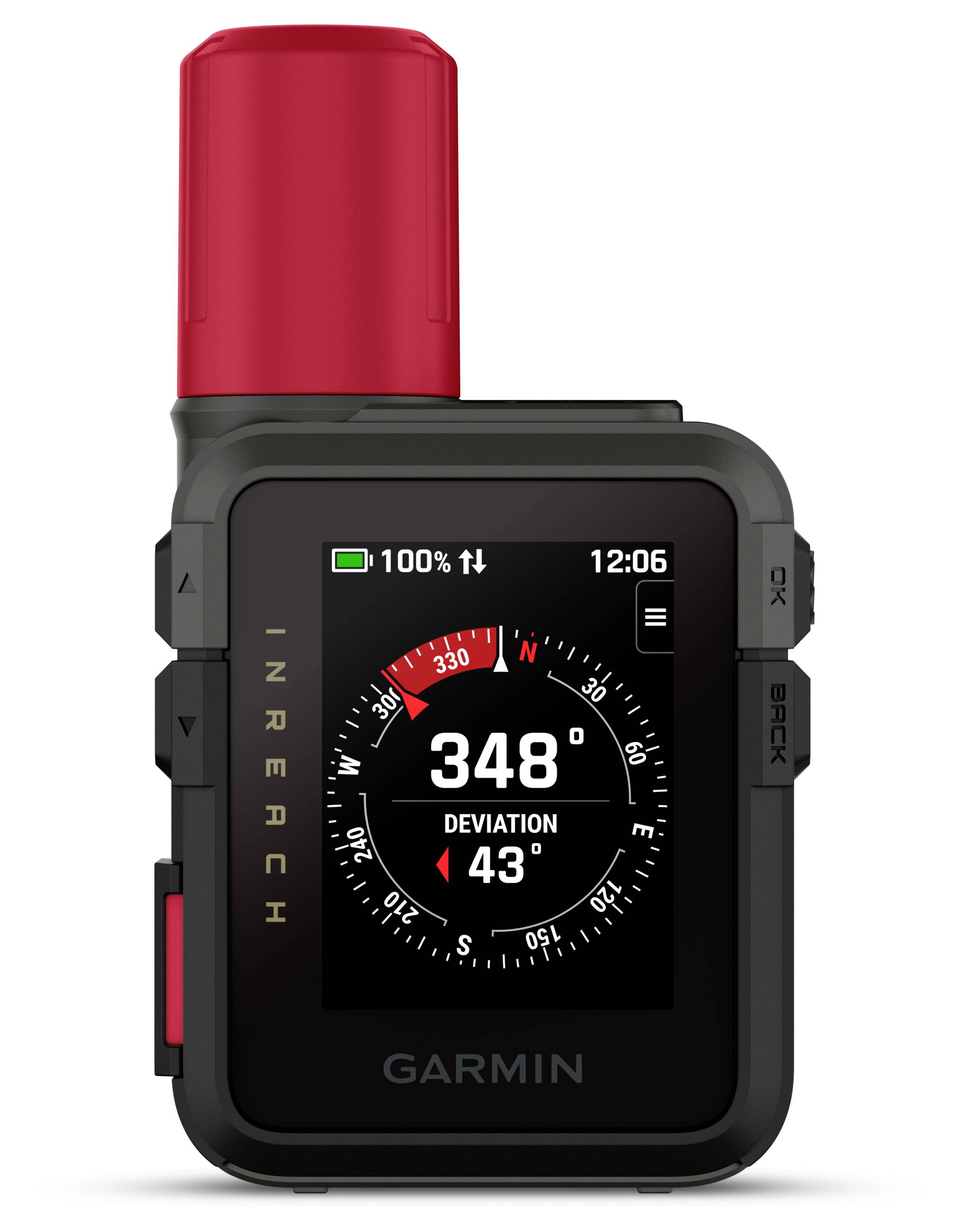 A handheld GPS device with a screen displaying a compass reading of '348° Deviation 43°'. The device is black with a red antenna.