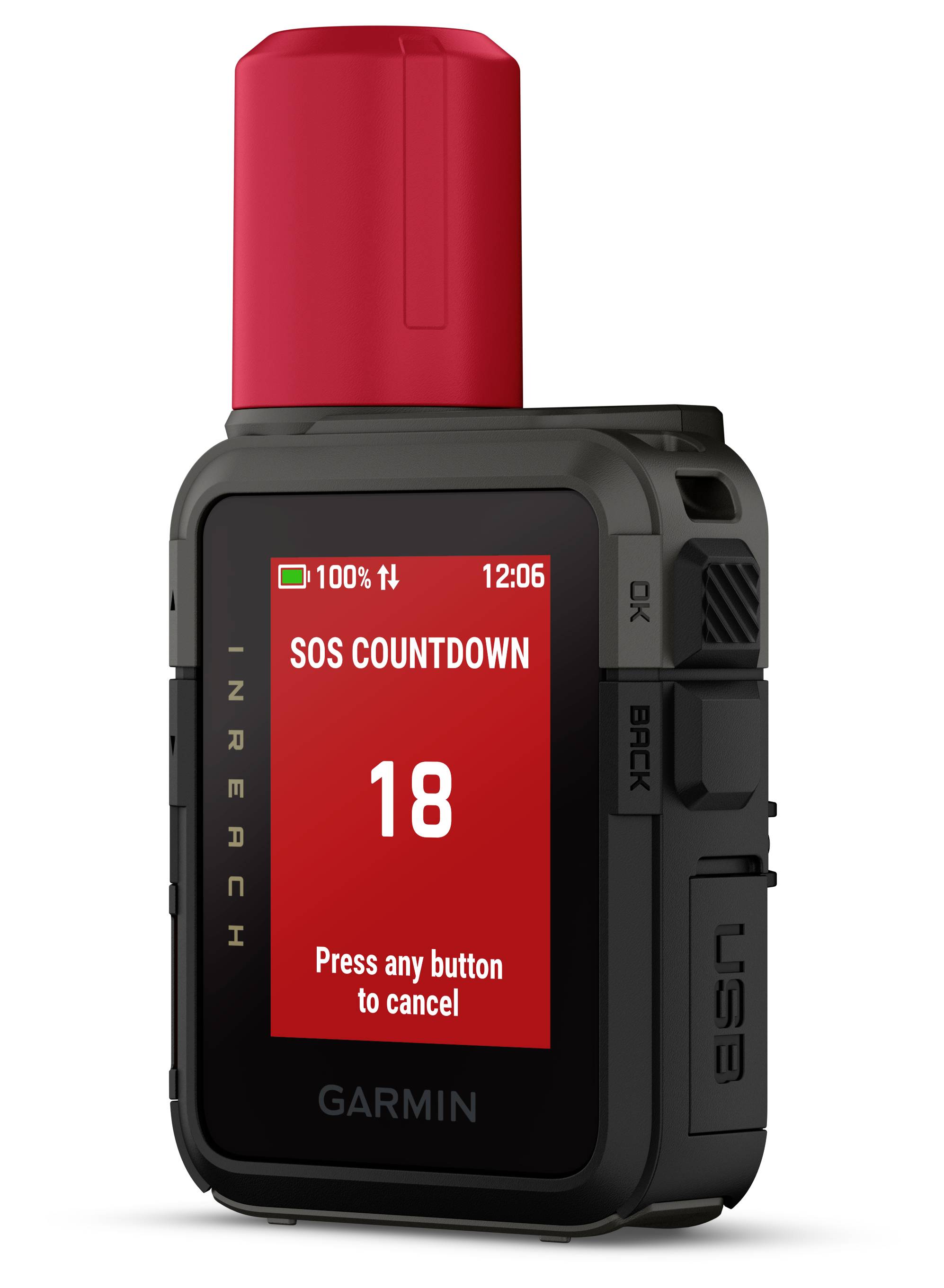 A handheld device with a screen displaying a red 'SOS Countdown' at 18 seconds. A message below reads 'Press any button to cancel.'