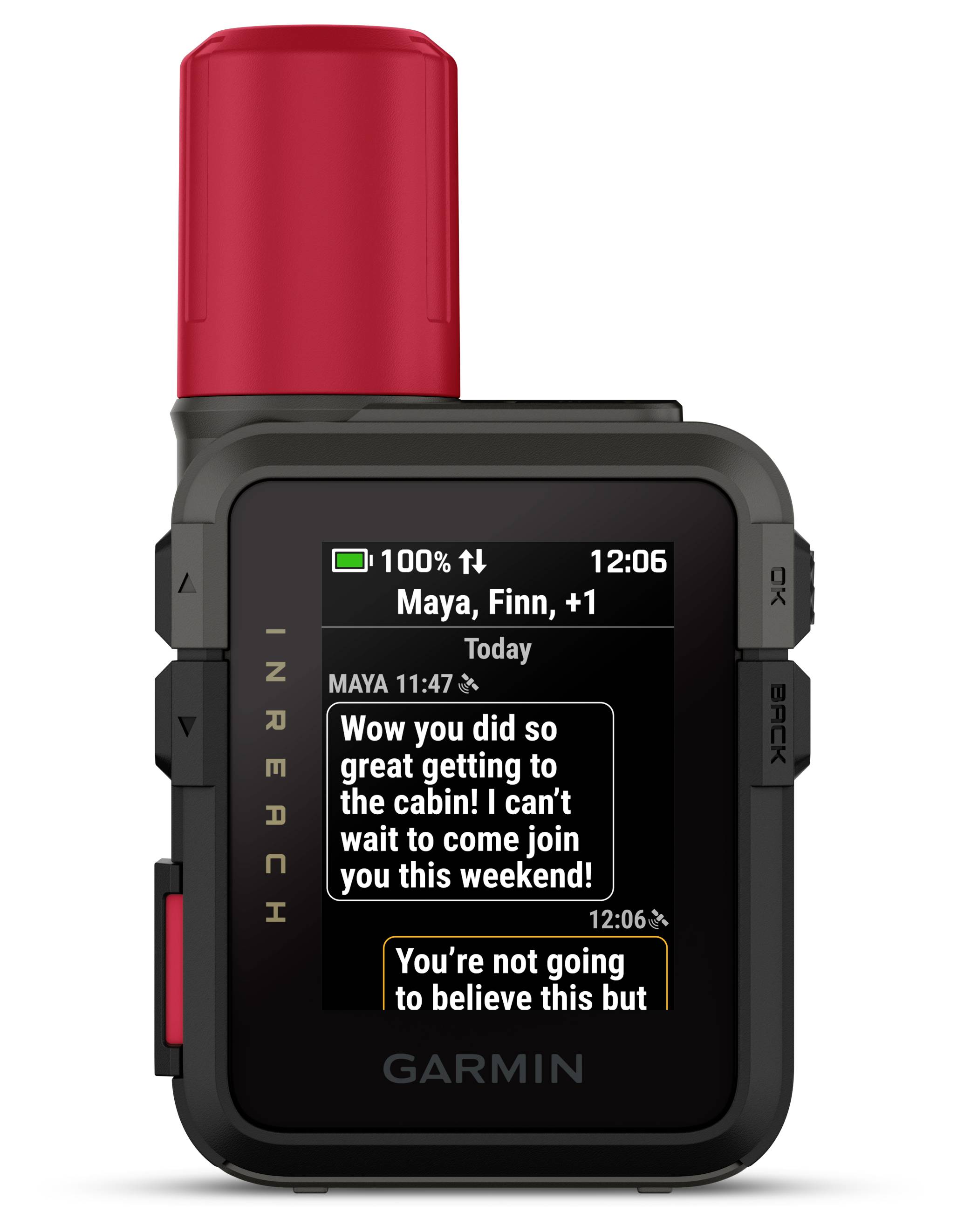 A satellite communication device with a screen showing a text conversation. The battery level is full, and the time is 12:06.