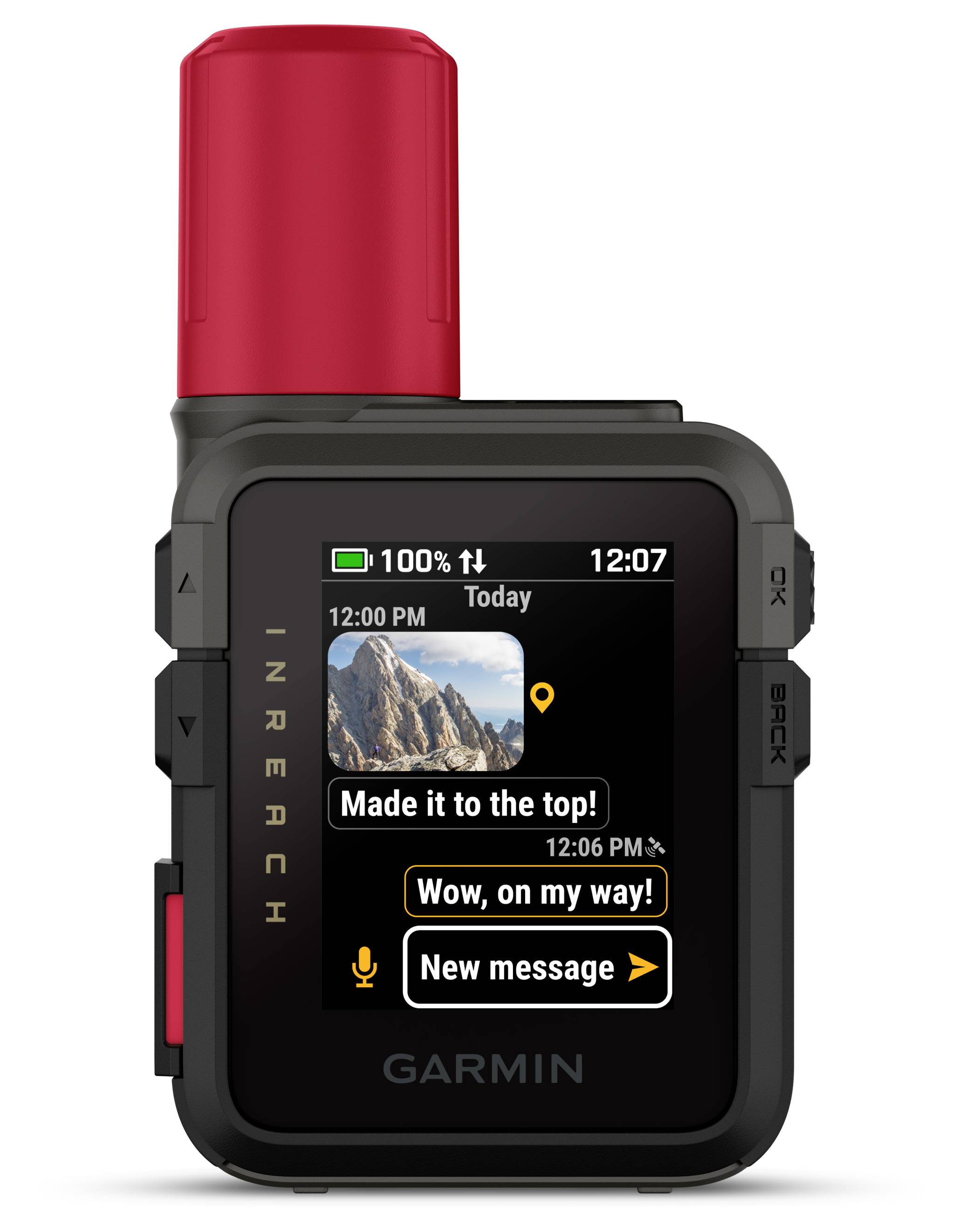 A Garmin inReach device displaying a mountain landscape image and text messages including 'Made it to the top!' and 'Wow, on my way!'.