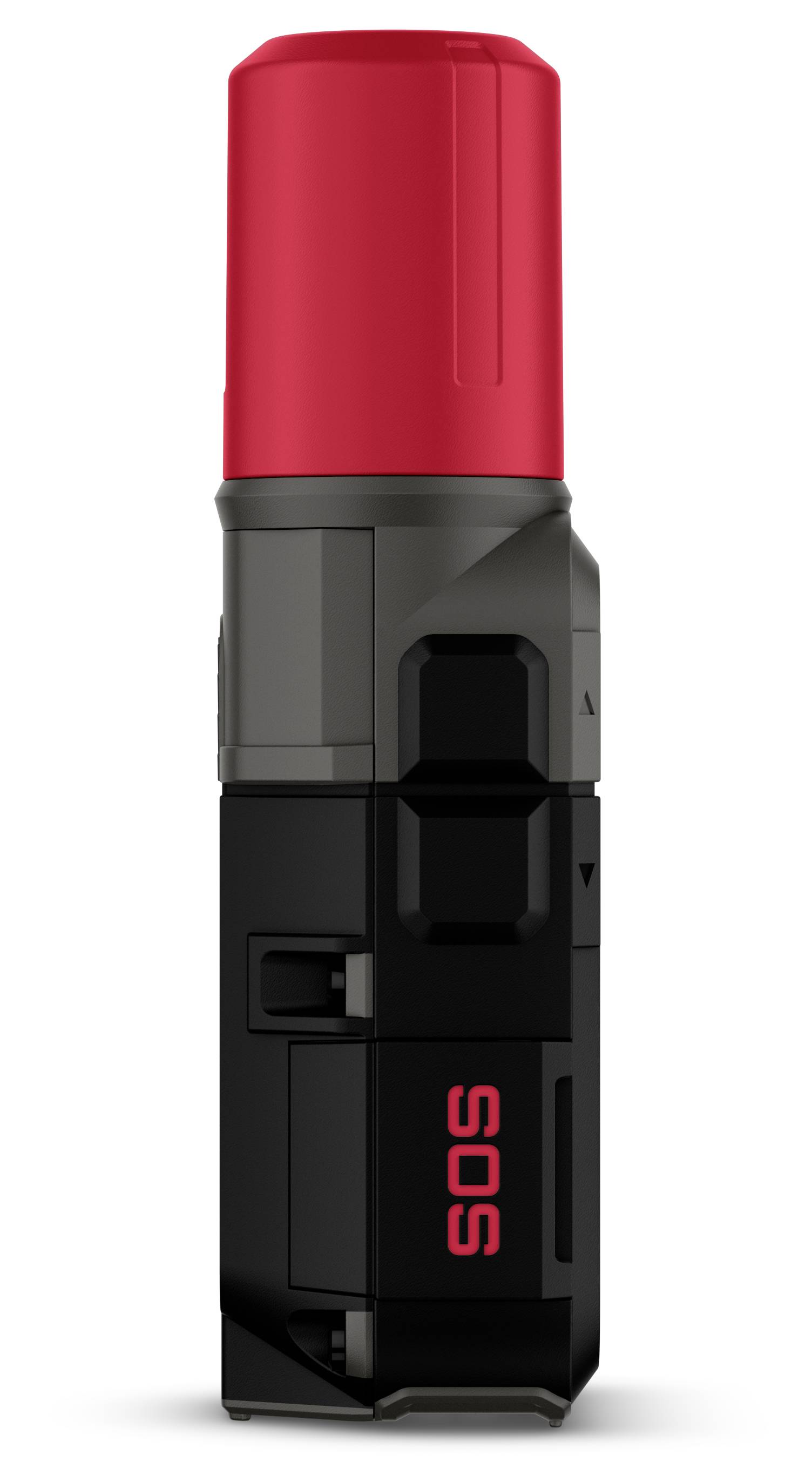 A portable SOS emergency beacon with a red cap for signal transmission.