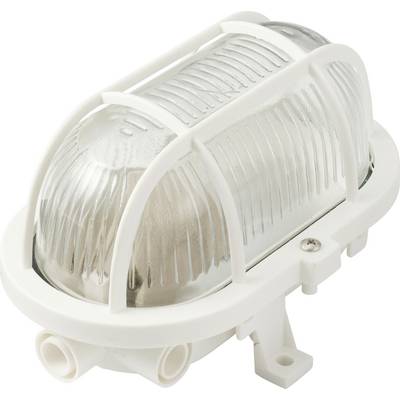 An oval, ribbed glass light fixture with a white plastic protective cover and mounting plate.