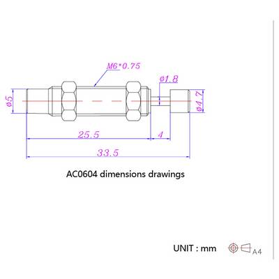 'AC0604 dimensions drawings' shows the side view of a mechanical part with labeled dimensions in millimeters, including lengths and diameters.