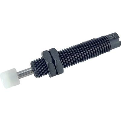A black hydraulic shock absorber with a white rubber end and hexagon nuts in the center, typically used for cushioning impacts.