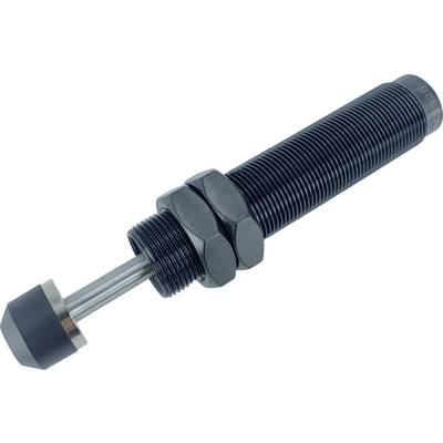 A cylindrical shock absorber with a ribbed body, two fasteners, and a rounded end. Used for dampening vibrations in machinery.