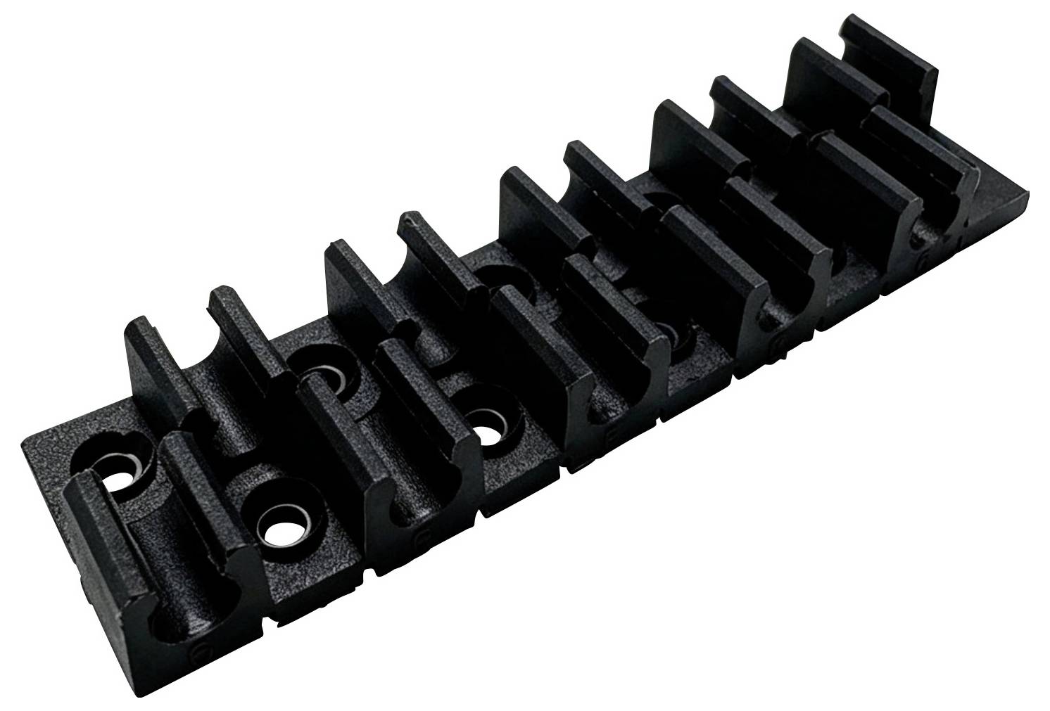 Black plastic cable clip with multiple slots for securing and organizing wires on a white background