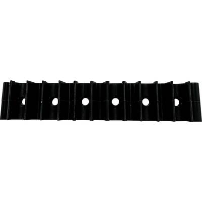 Black corrugated plastic drainage channel with evenly spaced circular holes, shown horizontally on a white background.