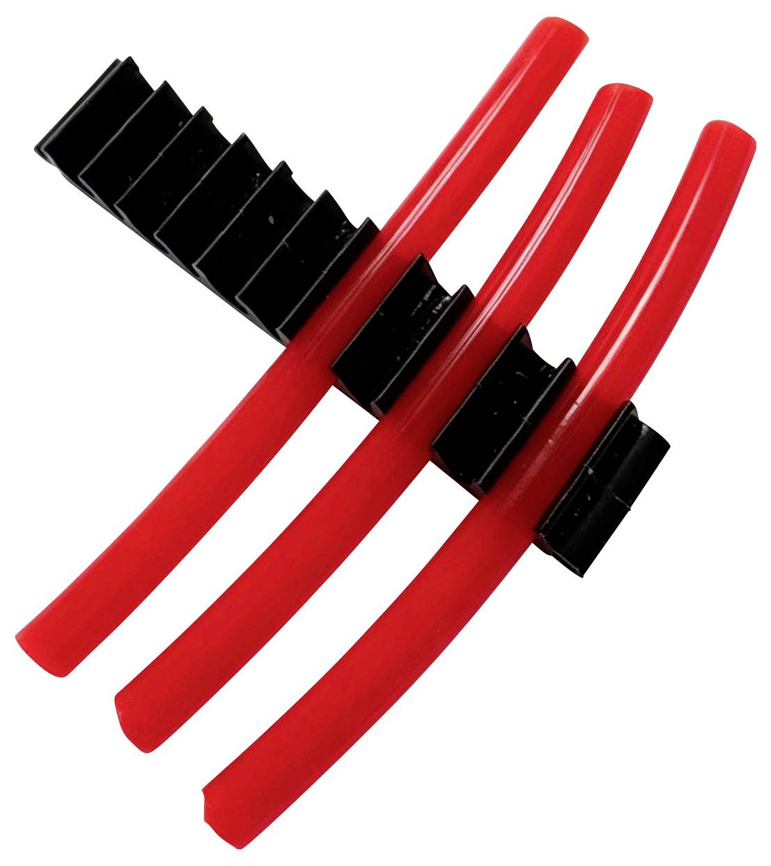 Red and black cable tie clamp holding three red cables together on a white background.
