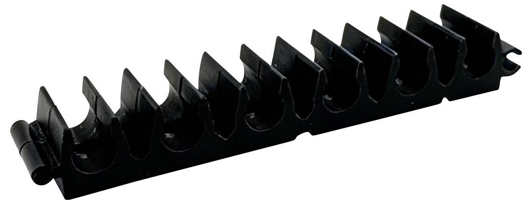 Black plastic cable organizer with hinged clips, shown open in a row for holding and routing multiple cables.