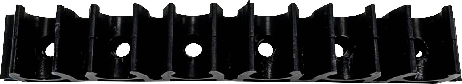 Black plastic cable chain link segment with evenly spaced circular holes and interlocking ridges, shown on a white background.