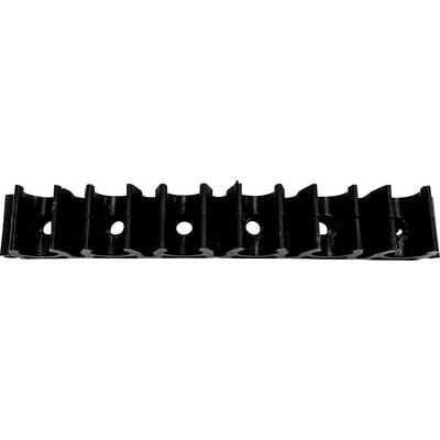 Black plastic cable chain link segment with evenly spaced circular holes and interlocking ridges, shown on a white background.