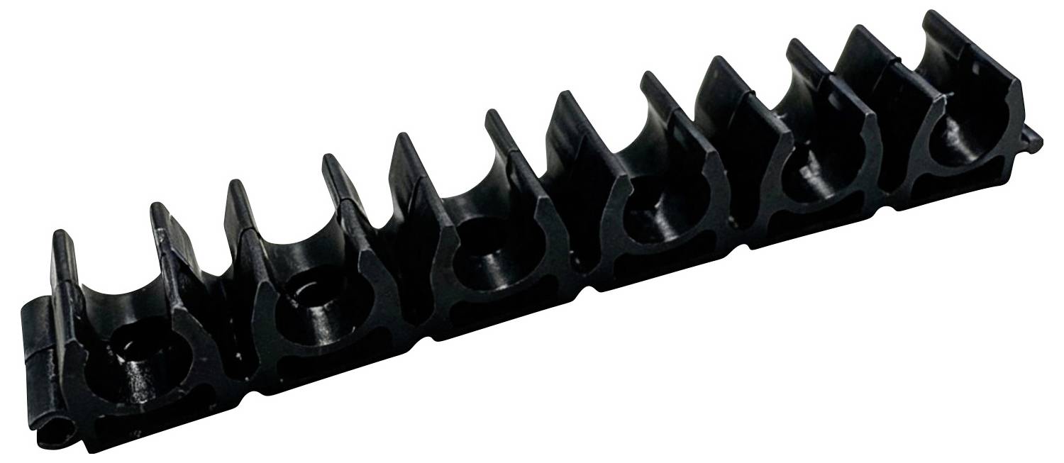 Black plastic cable clip strip with multiple circular holders for organizing and securing wires.