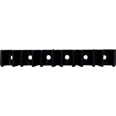 A black plastic connector strip with evenly spaced rectangular tabs and circular holes, shown horizontally against a light background.