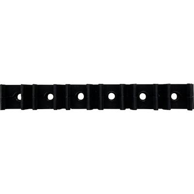 Black plastic strip with evenly spaced circular holes and small raised tabs, likely a fastening or mounting rail.
