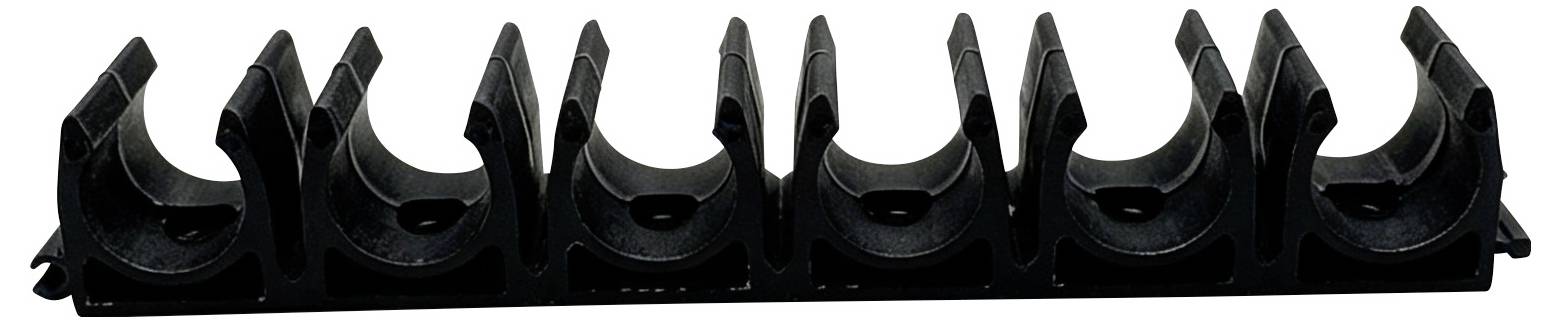 Black plastic multi-clip cable holder strip with six semicircular slots for organizing wires or tubes