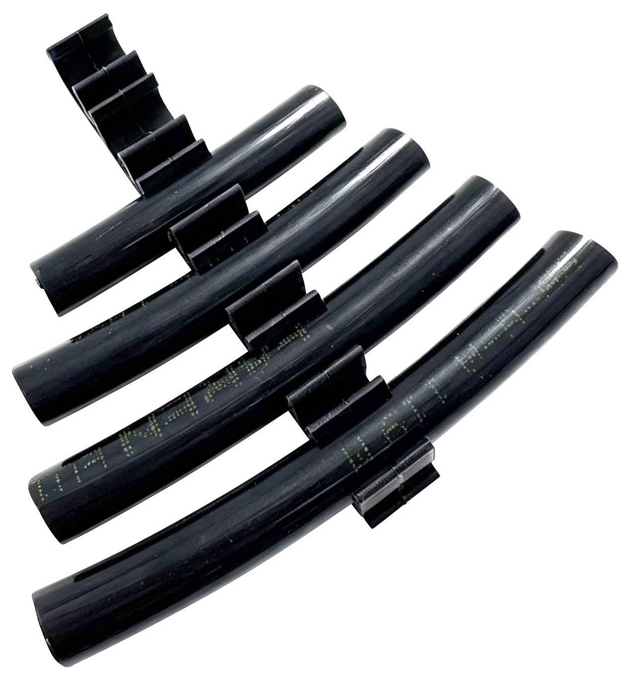 Four black curved cable clips arranged diagonally on a white background.