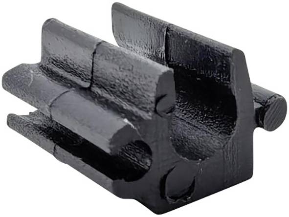 A small, black, rectangular mechanical component with grooves and a circular opening, possibly used in machinery or assembly parts.
