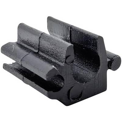 A small, black, rectangular mechanical component with grooves and a circular opening, possibly used in machinery or assembly parts.