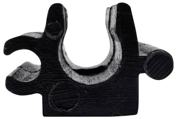 A black, U-shaped plastic clamp with a cylindrical extension on one side, designed for securing or organizing cables or rods.
