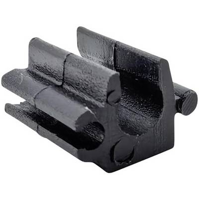 A black metal part with grooves and cylindrical sections, possibly a mechanical component or connector, viewed from an angled perspective.