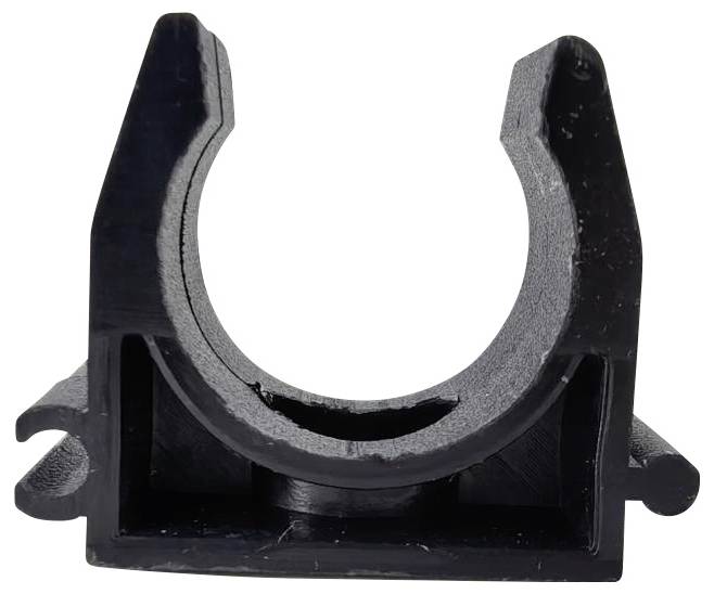 A black plastic pipe clamp with a circular opening to hold a pipe, featuring a sturdy base and two prongs extending upward on each side.